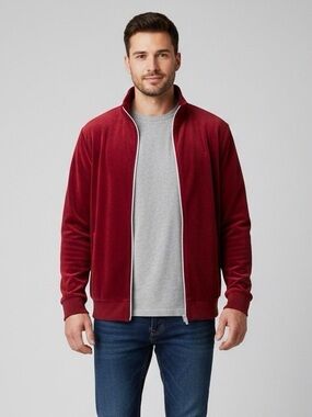 Men boohoo Man full zip velvet sweatshirt size MED Skinny Track Top burgundy red